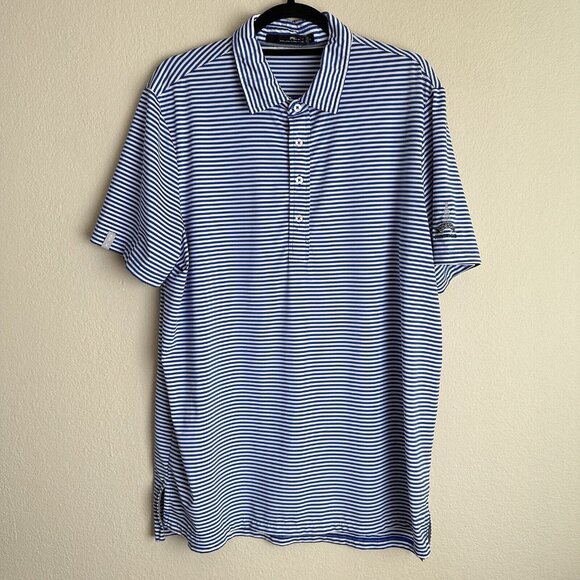 RLX Ralph Lauren Polo Shirt Mens Large Golf Blue‎ White Striped Logo Sleeve - Picture 2 of 8